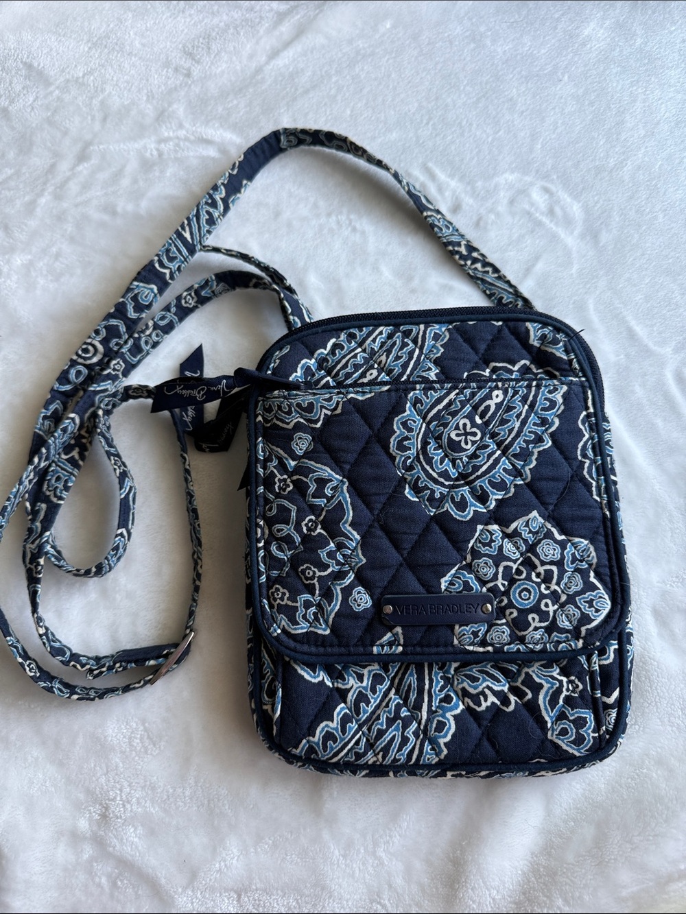 Vera Bradley Navy Paisley Quilted Crossbody with Light Blue Accents